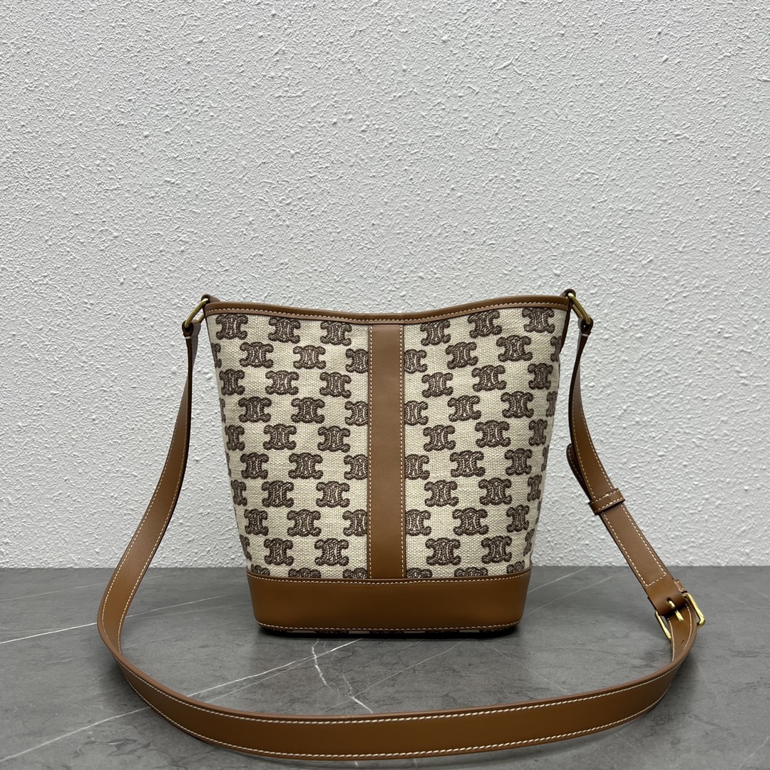 Celine Small Bucket Shoulder Bag In Triomphe Canvas And Calfskin Brown/Tan 191442